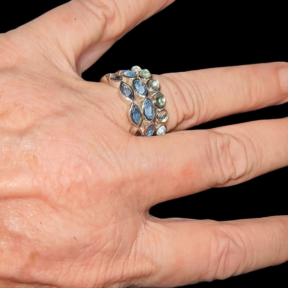 Three Row Mixed Blue Topaz Ring In Sterling Silver - Picture 6 of 11